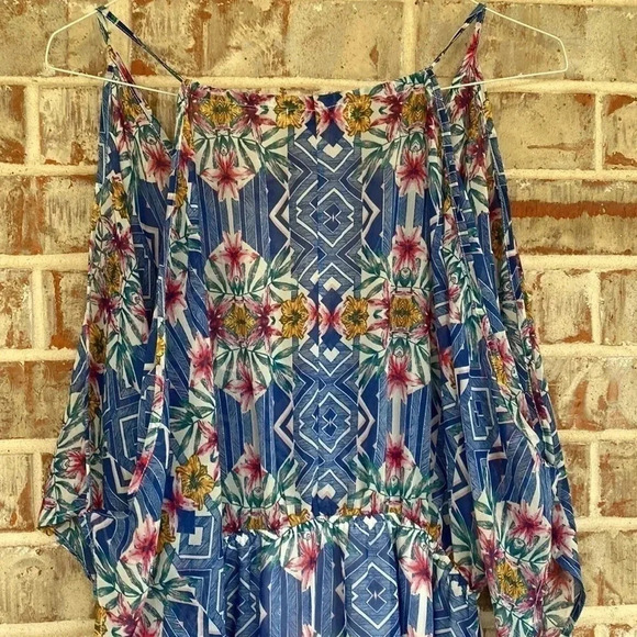 Ark n c. Blue Geometric Floral Sheer Cold Shoulder Maxi Dress - Picture 10 of 14